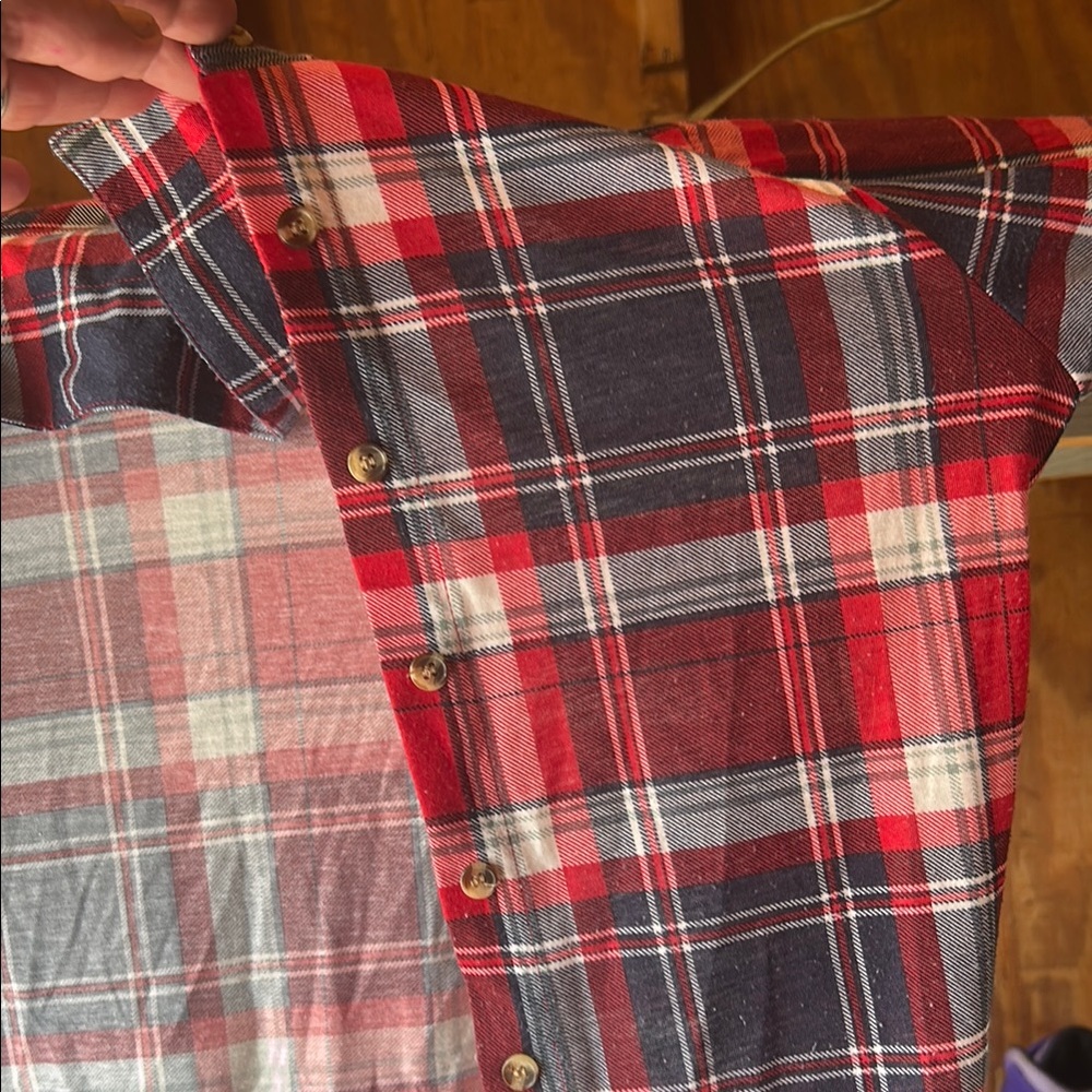 Button up plaid red white and blue